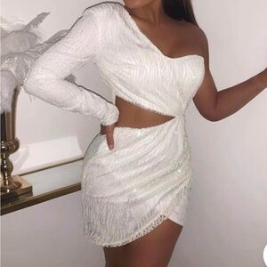 One shoulder White Cut-Out Dress